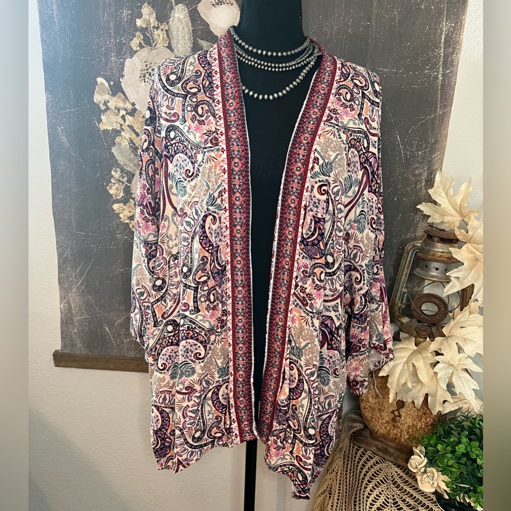 Knox Rose Pink Colorful Paisley Floral Boho Open Front Kimono Blouse Sz M/L